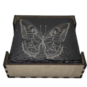 4 Inch Black Coasters Stone Coaster Set, Laser Engraving "Butterfly" Set of 4